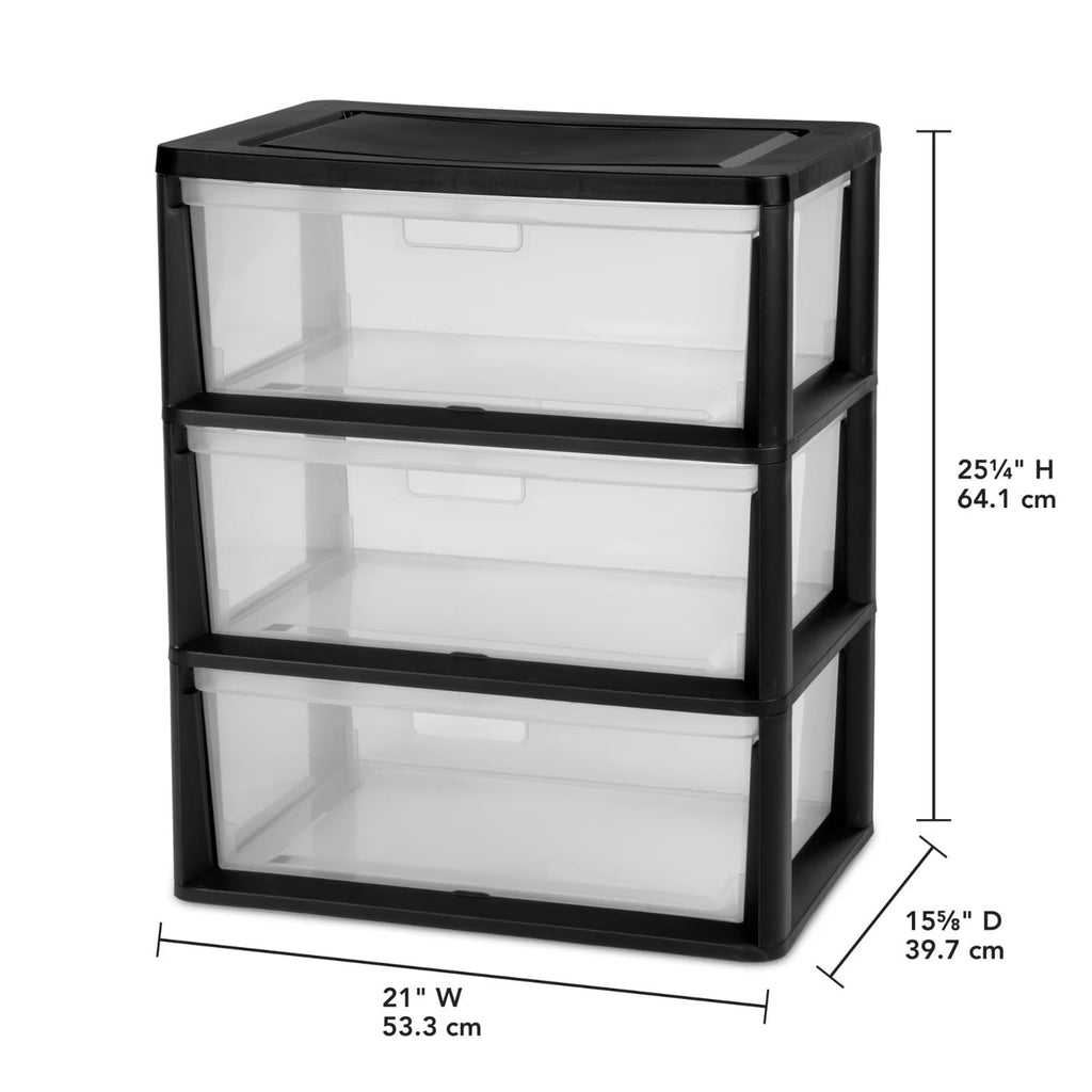 Black 3 Drawer Plastic Storage Organizer Tower with Clear Bins F489