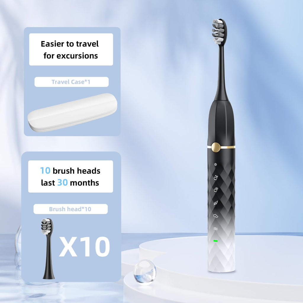 Black White Sonic Electric Toothbrush Set with 10 Brush Heads and Travel Case M484193