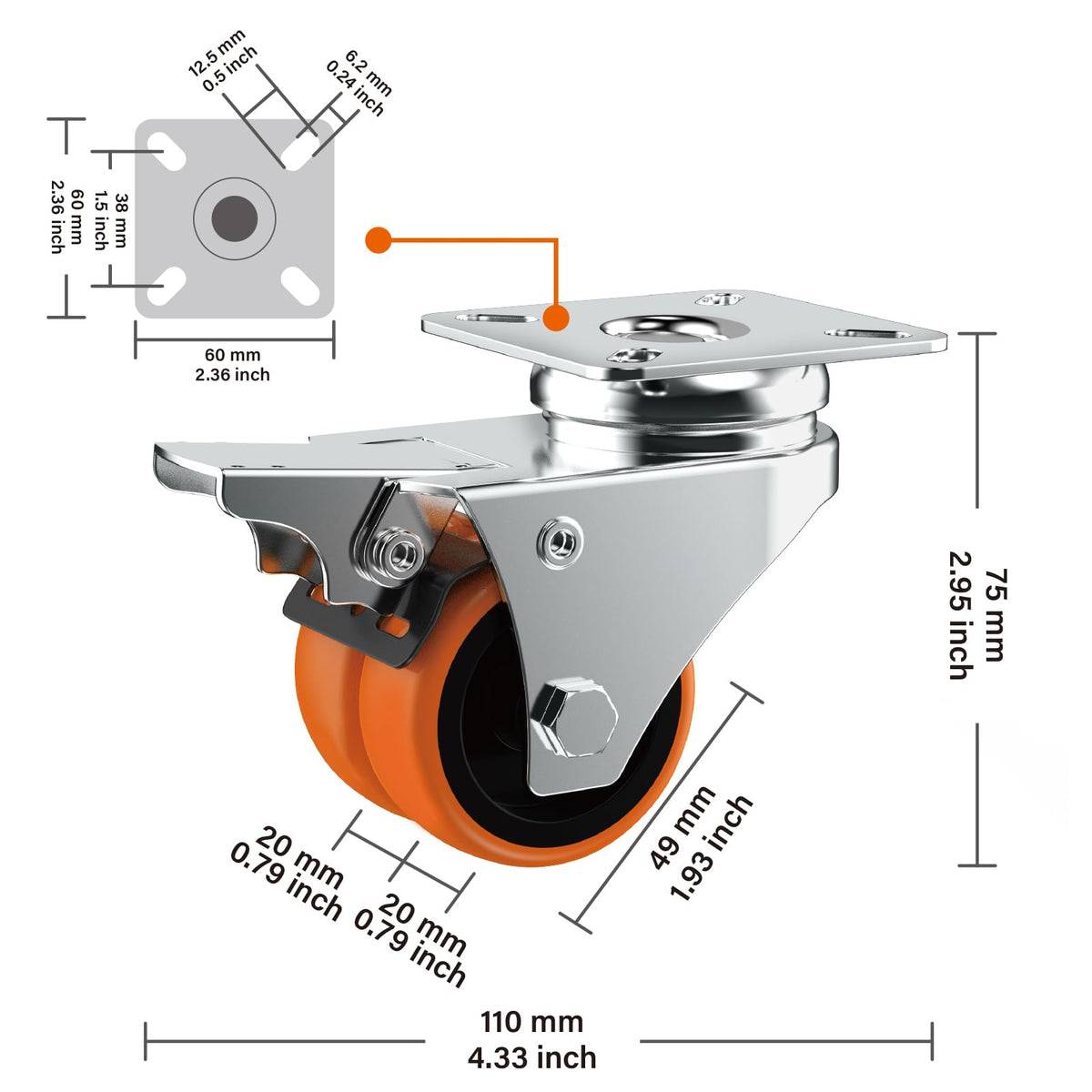 2" Double Wheel Casters with Brake 4 Pack A257