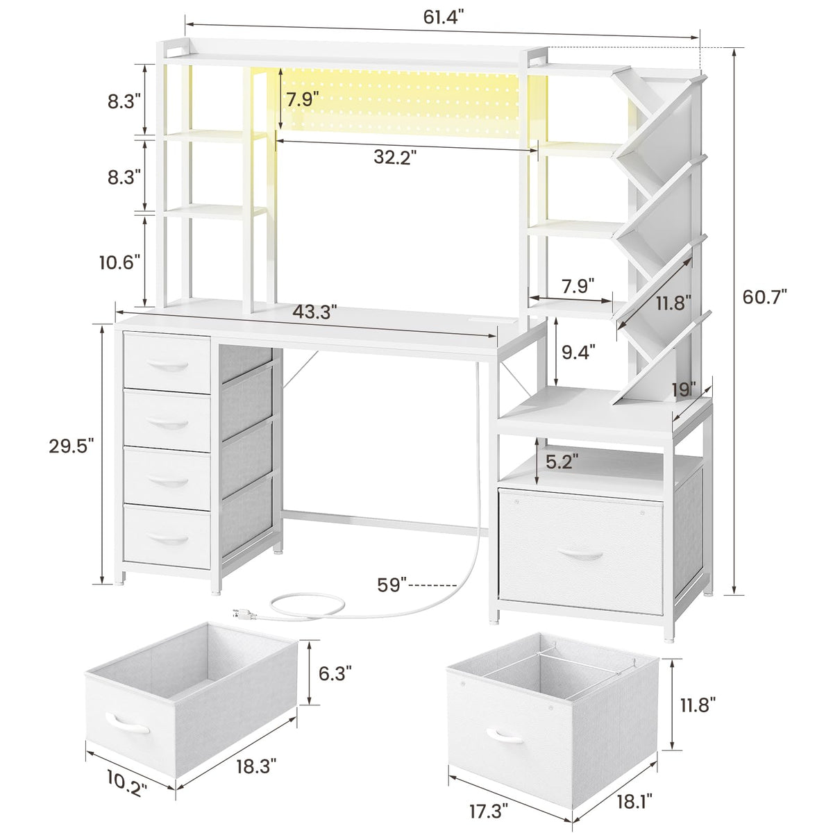 61.4" Computer Desk with Bookshelf, 5 Drawers, Hutch, Outlet, LED I869615
