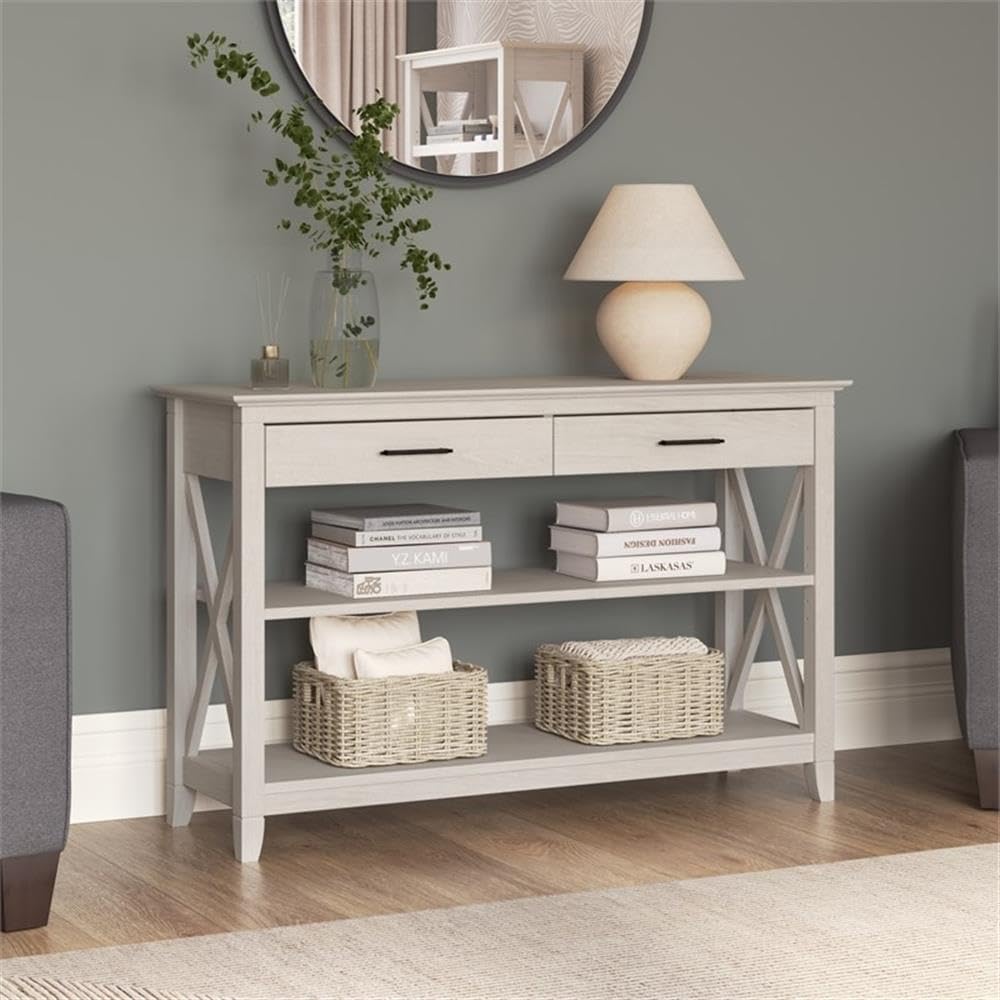 Linen White Oak Console Table with Drawers and Shelves Z2779