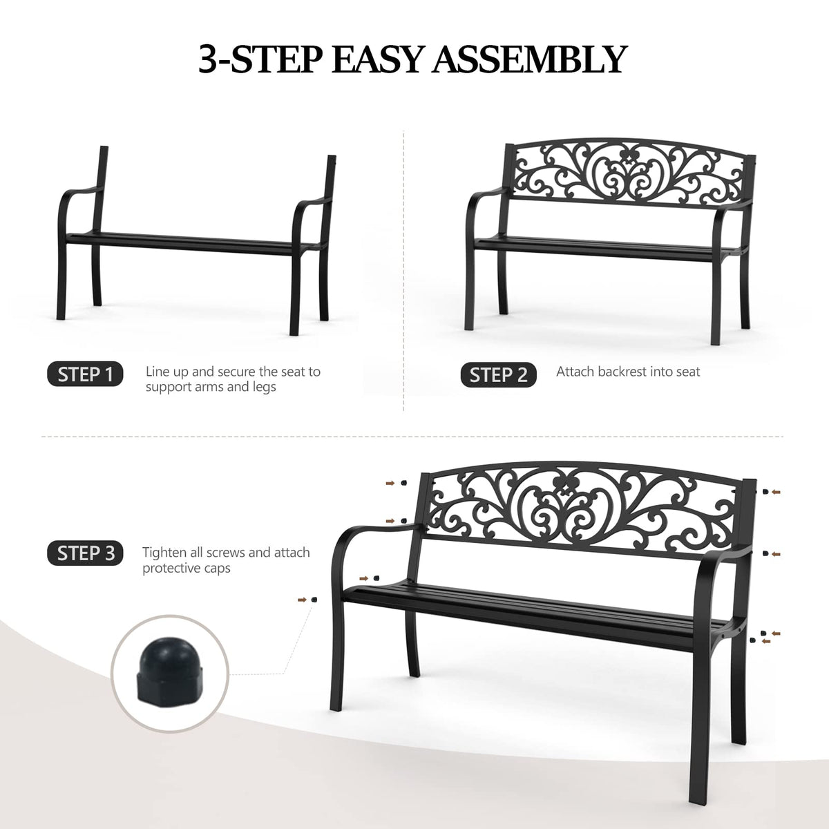 Black Metal Outdoor Bench with PVC Back Pattern D10729