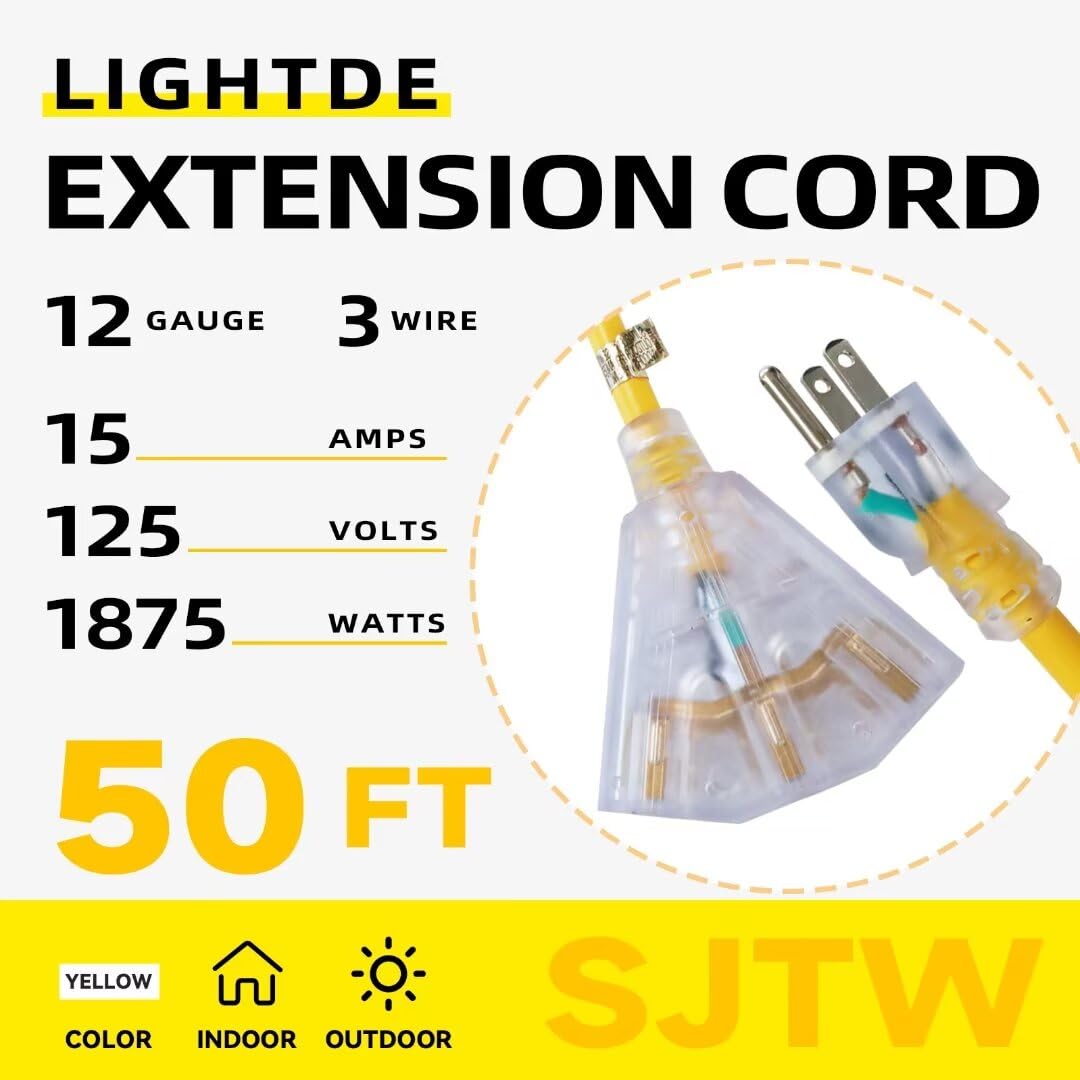 50 Ft Yellow Heavy Duty Outdoor Extension Cord with 3 Outlets B8933