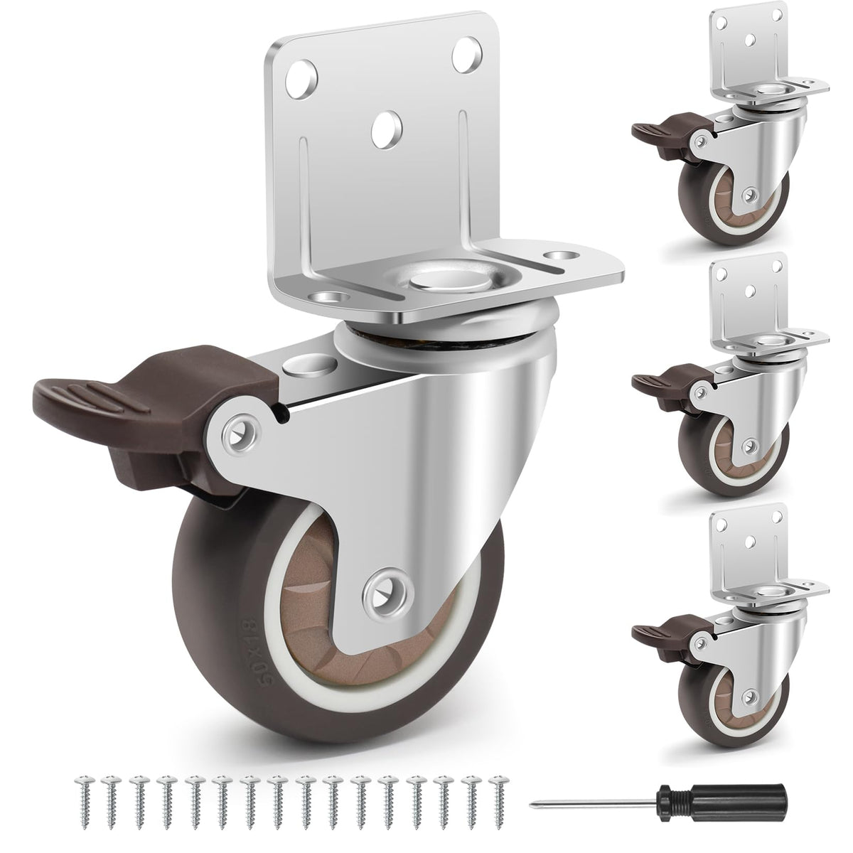 2 Inch L-Shaped Rubber Casters Set of 4 with Brakes Q39394