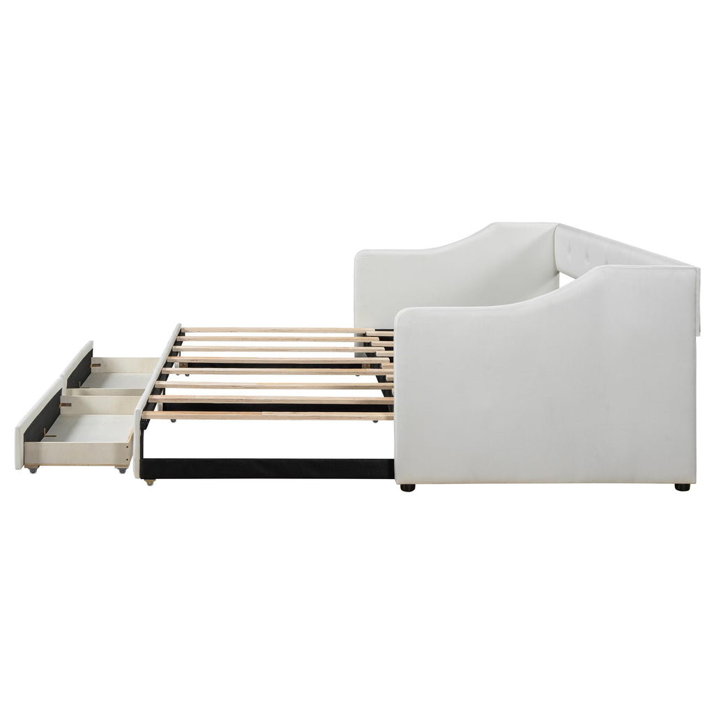 Beige Upholstered Daybed with Trundle and Storage Drawers I6447