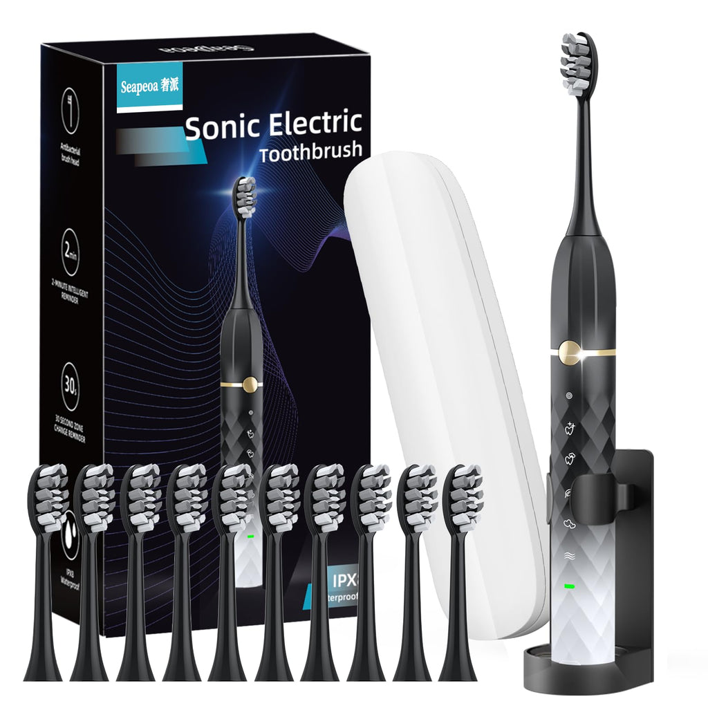 Black White Sonic Electric Toothbrush Set with 10 Brush Heads and Travel Case M484193