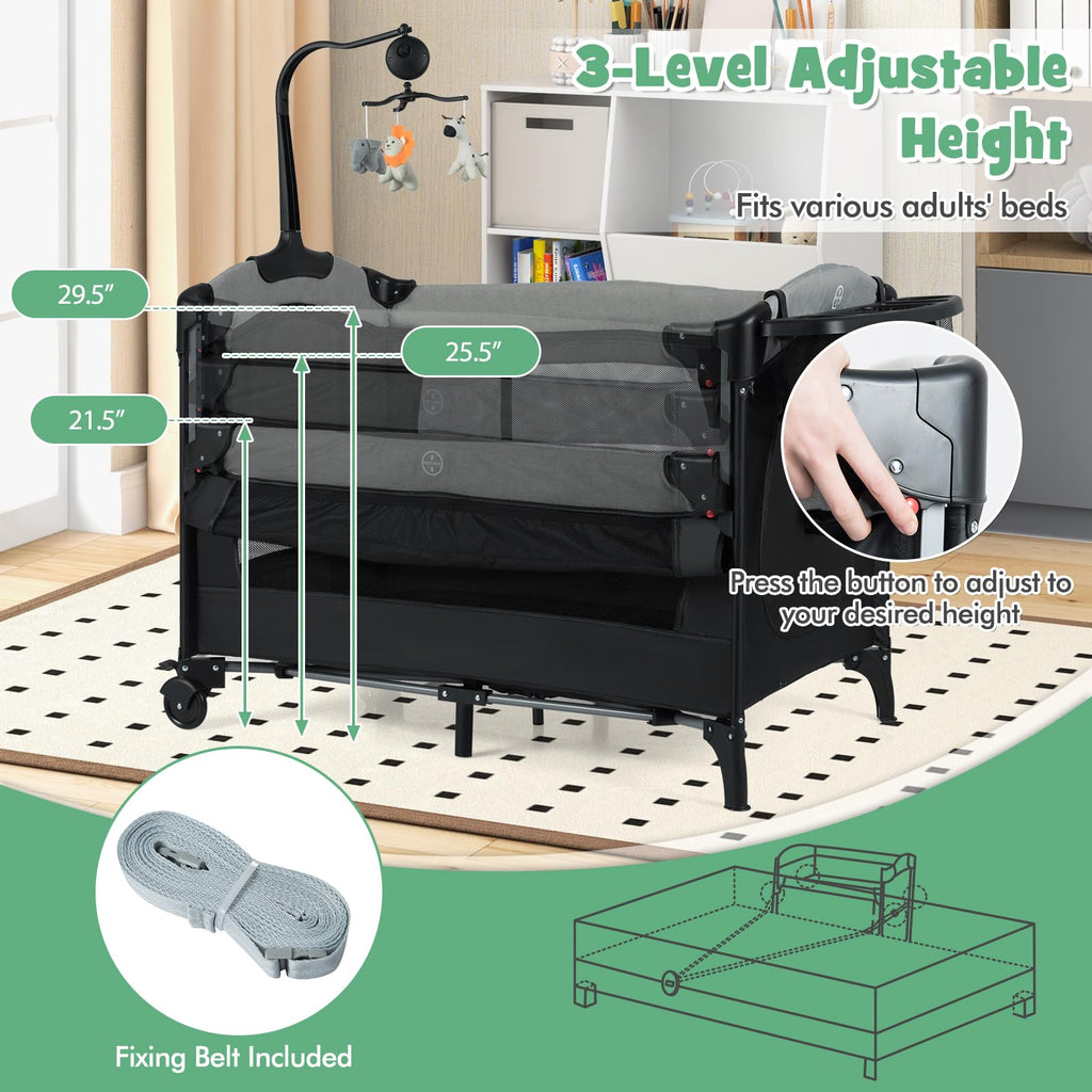 6-in-1 Pack and Play with Bassinet and Changing Table, Black T3984