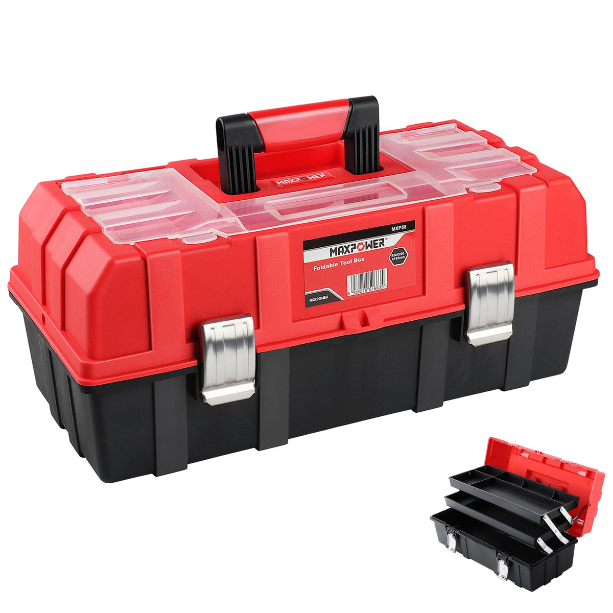 16-Inch Three-Layer Folding Plastic Tool Box with Tray and Dividers Y10774
