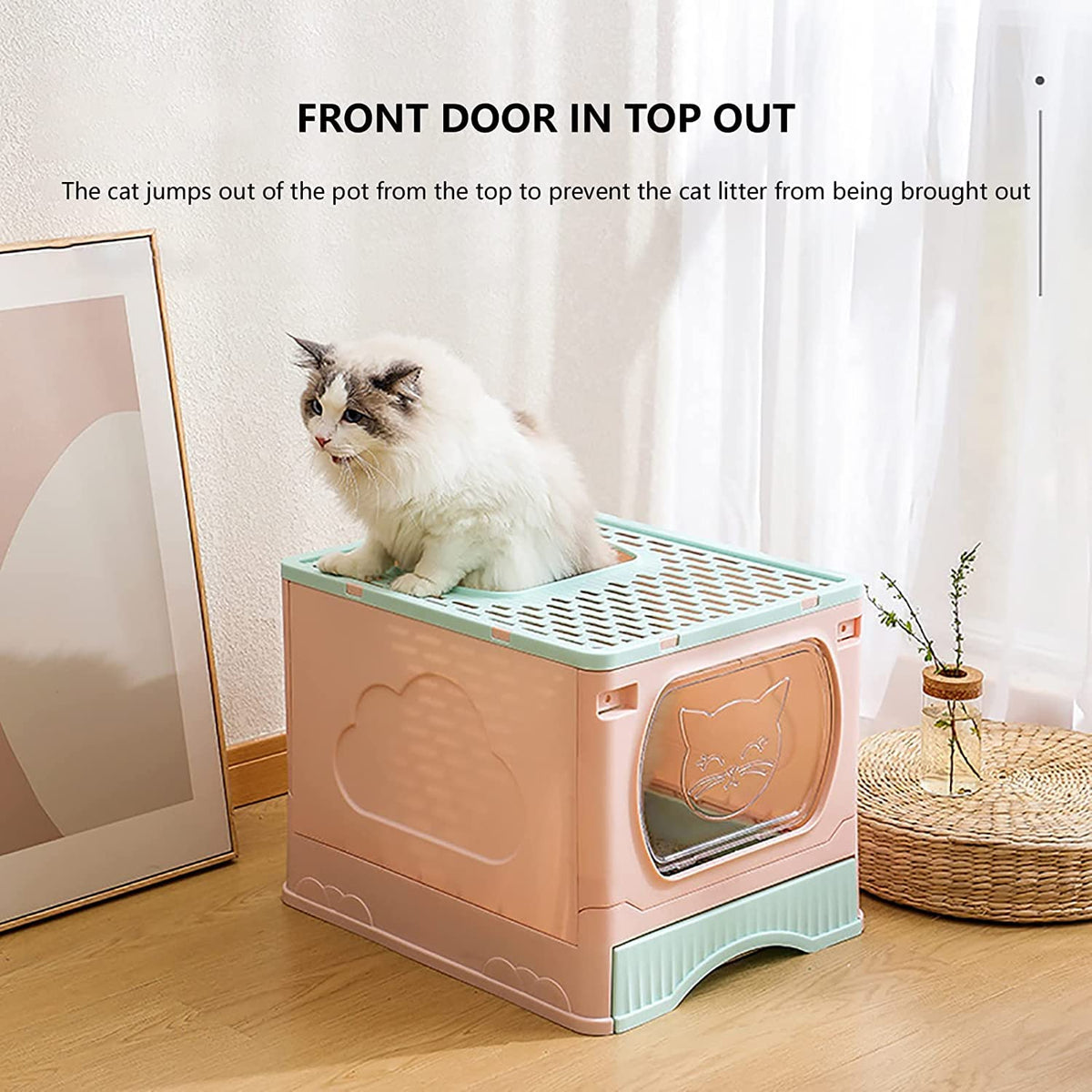 Foldable Top Entry Cat Litter Box with Lid and Scoop D488428