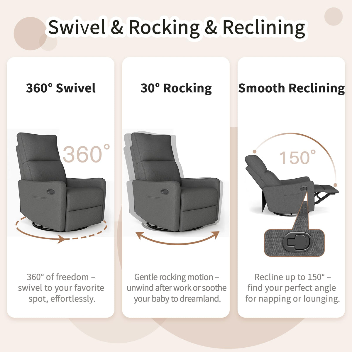 Light Brown Velvet Swivel Rocker Recliner Chair A51735