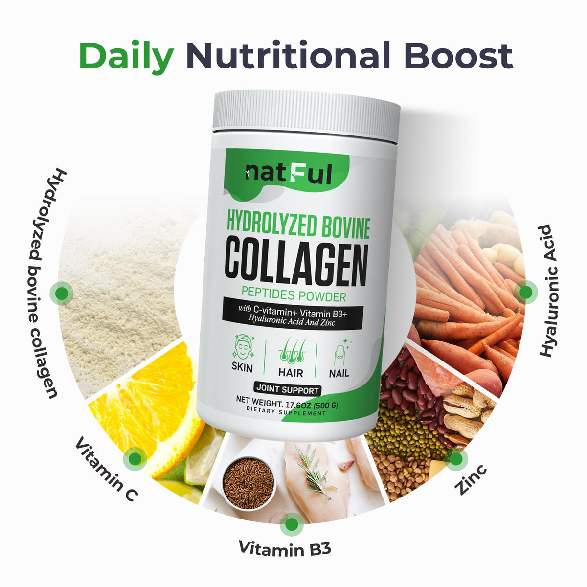 Hydrolyzed Bovine Collagen Peptides Powder with Vitamin C, Hyaluronic Acid, Zinc & B3 H524358