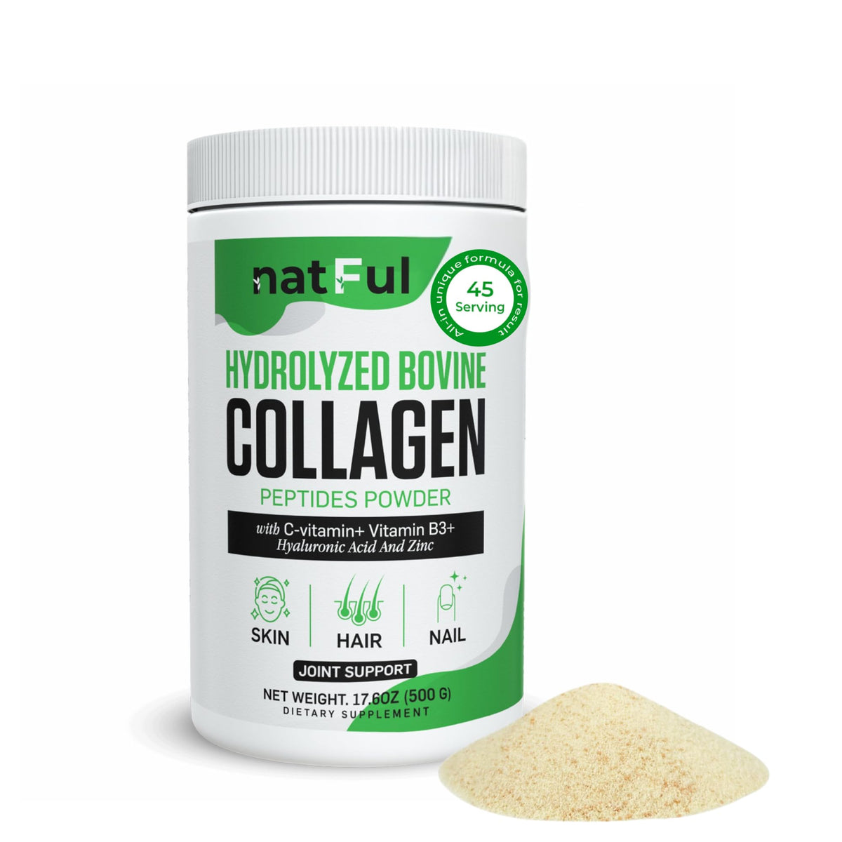 Hydrolyzed Bovine Collagen Peptides Powder with Vitamin C, Hyaluronic Acid, Zinc & B3 H524358