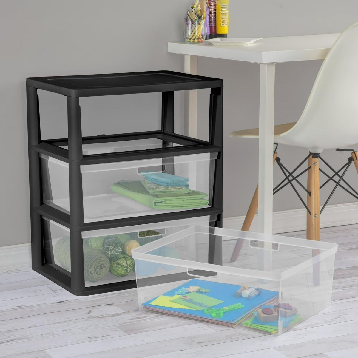 Black 3 Drawer Plastic Storage Organizer Tower with Clear Bins F489