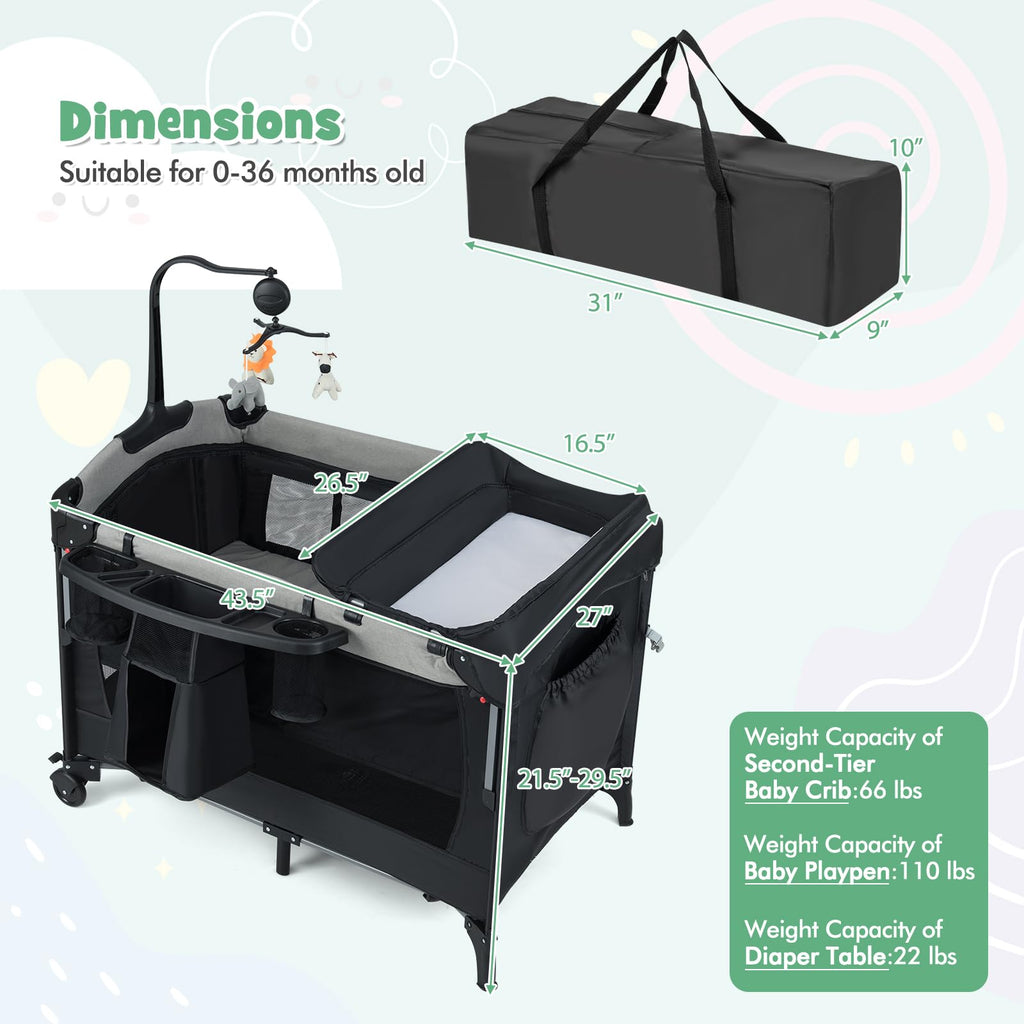 6-in-1 Pack and Play with Bassinet and Changing Table, Black T3984