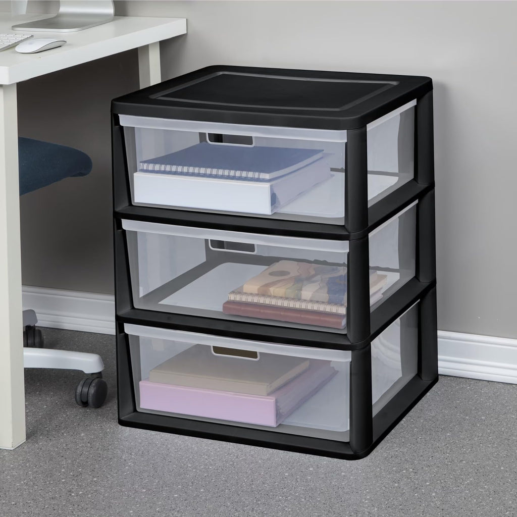 Black 3 Drawer Plastic Storage Organizer Tower with Clear Bins F489