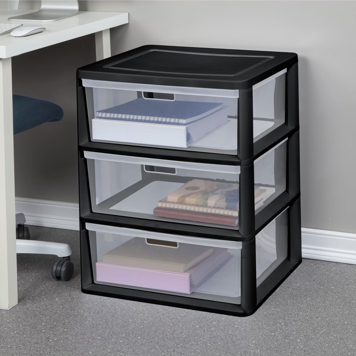 Black 3 Drawer Plastic Storage Organizer Tower with Clear Bins F489