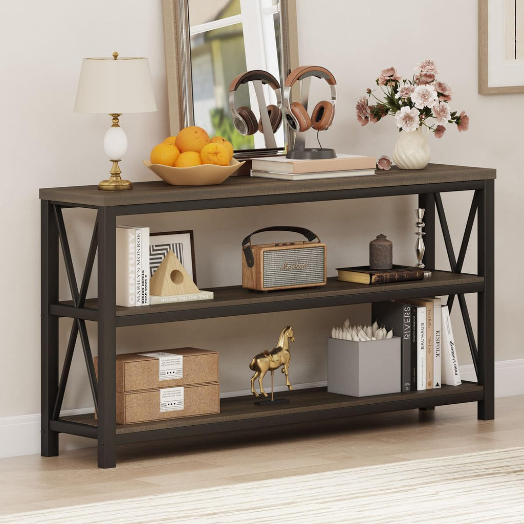 55 Inch Walnut Brown Wood and Metal Console Table with 3 Tier Shelves Y130040