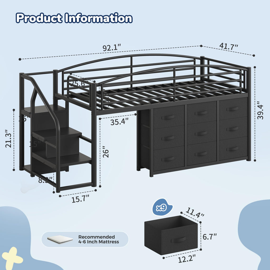 Twin Metal Loft Bed with 9 Storage Drawers and Guardrail S1676