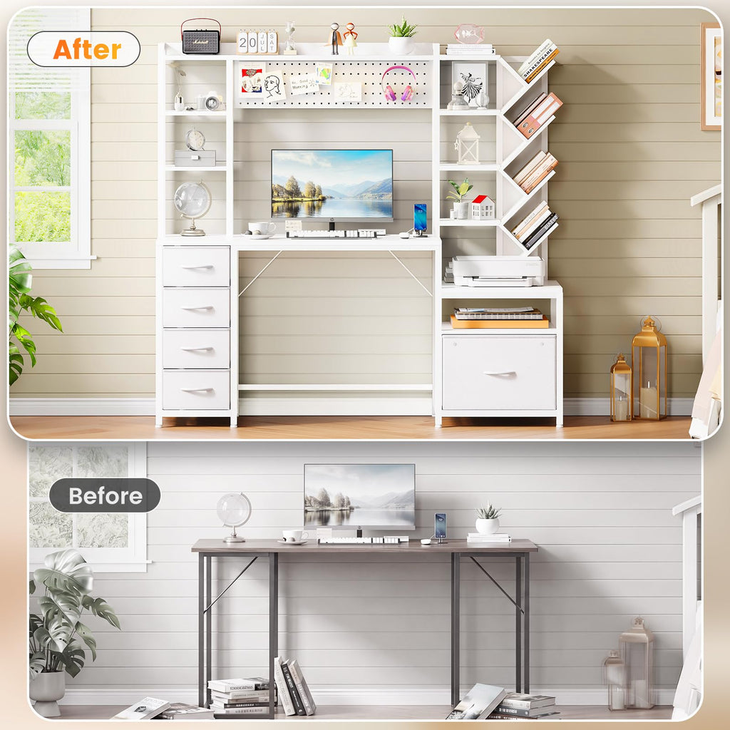 61.4" Computer Desk with Bookshelf, 5 Drawers, Hutch, Outlet, LED I869615