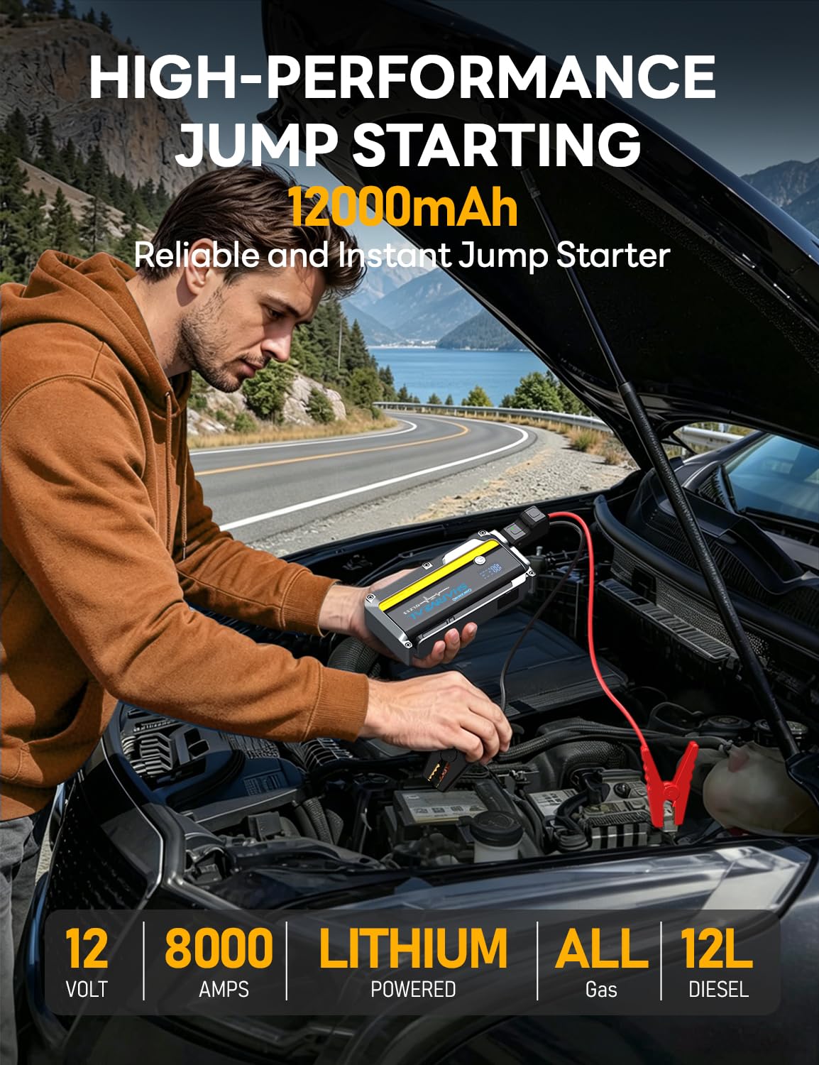 12000mAh 12V Portable Jump Starter with Flashlight and Jumper Cable A409768