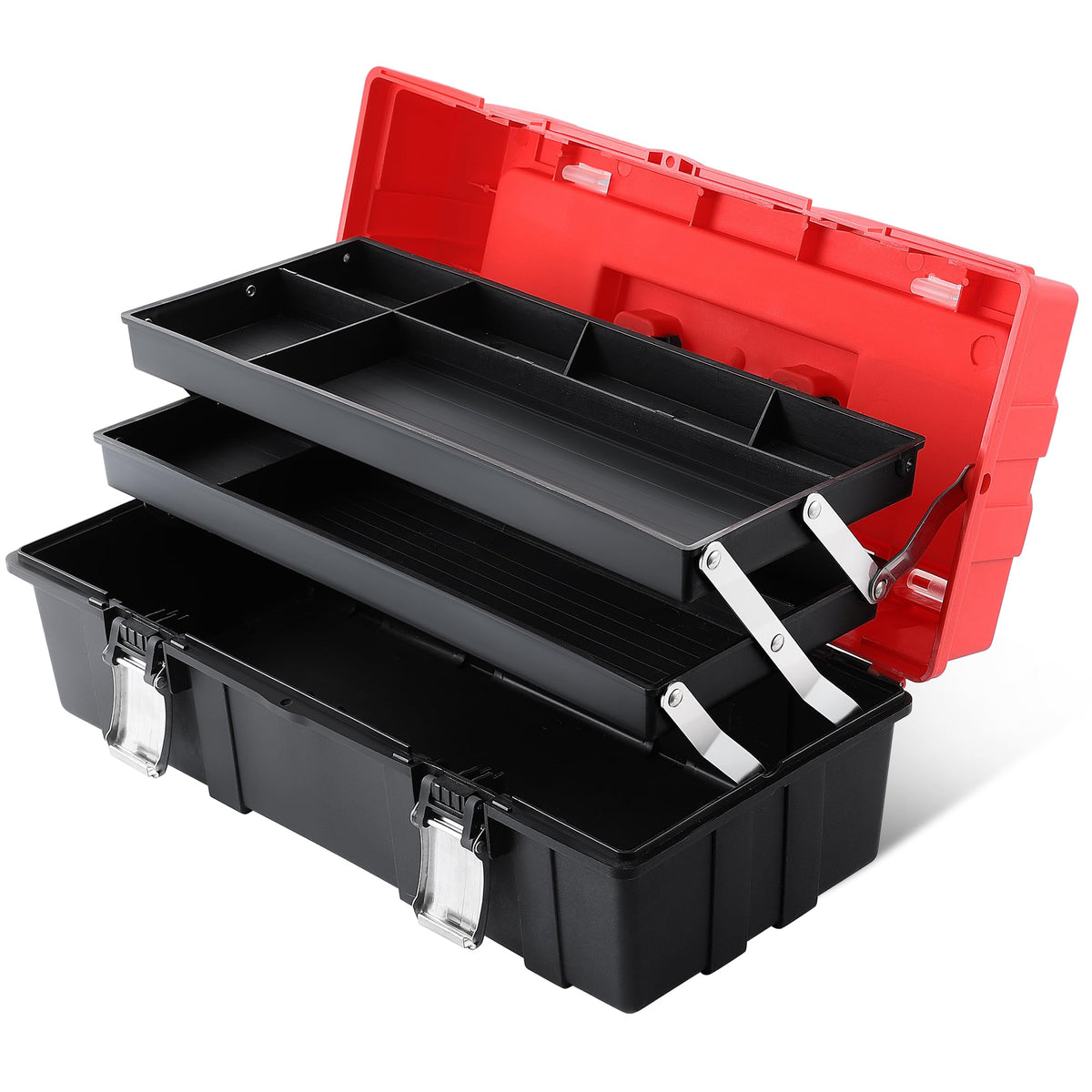 16-Inch Three-Layer Folding Plastic Tool Box with Tray and Dividers Y10774
