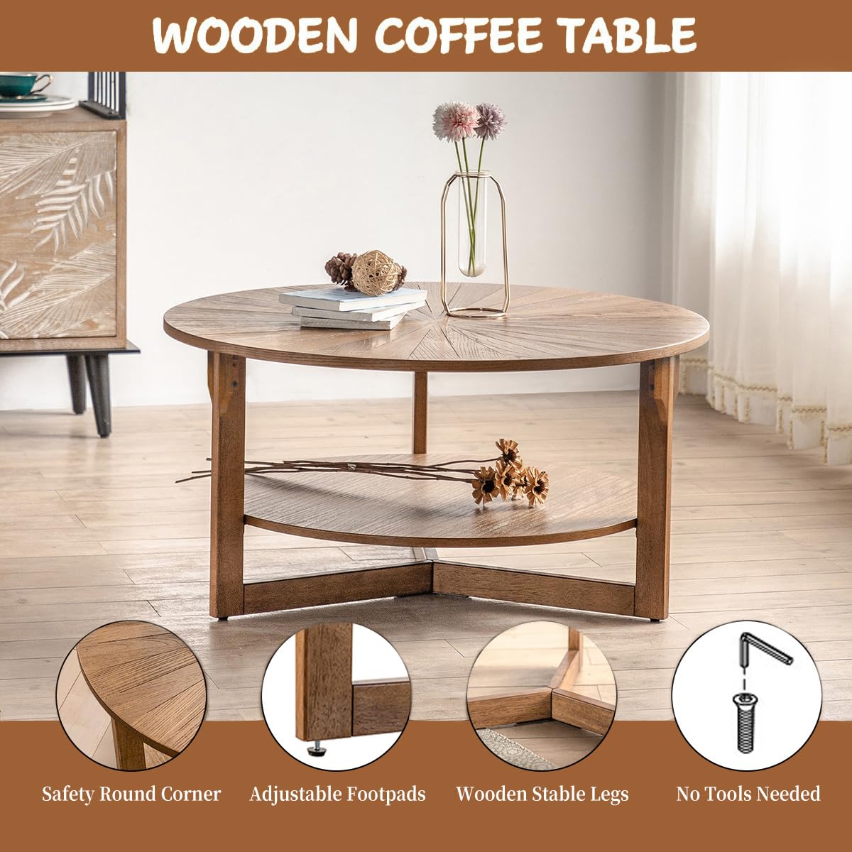 35" Round 2 Tier Wood Coffee Table with Storage Shelf Z381227