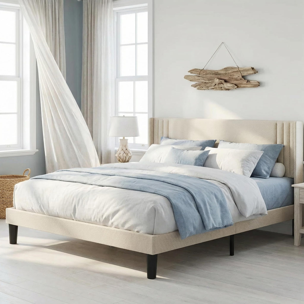 Queen Upholstered Platform Bed with Wingback Headboard S52947