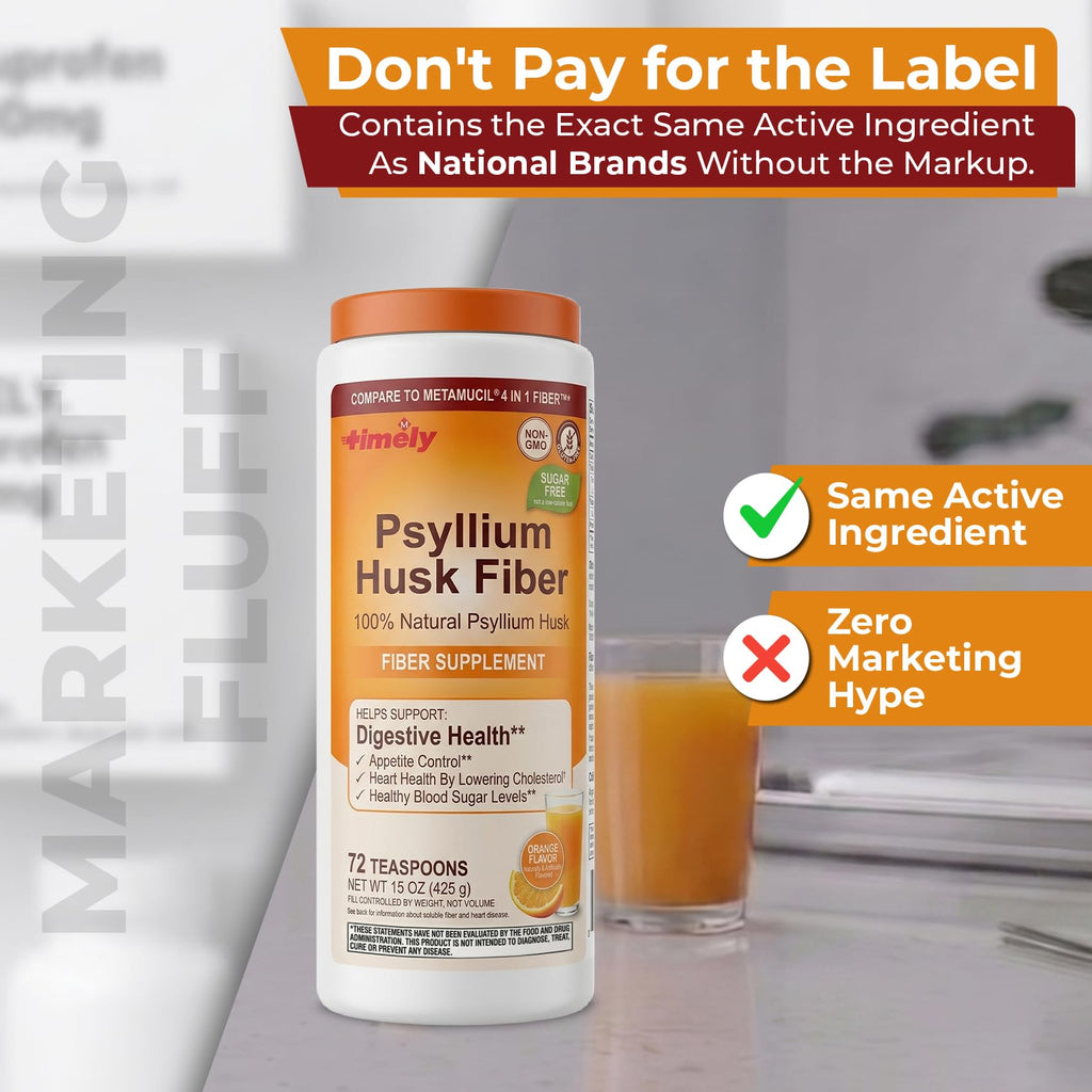 Psyllium Husk Powder Fiber Supplement, Orange Flavor, 15 oz W2265