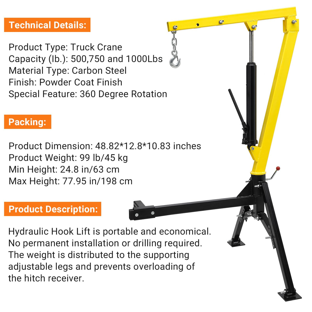 Hydraulic Swivel Hitch Mounted Truck Crane 1000 LBS Capacity O118537