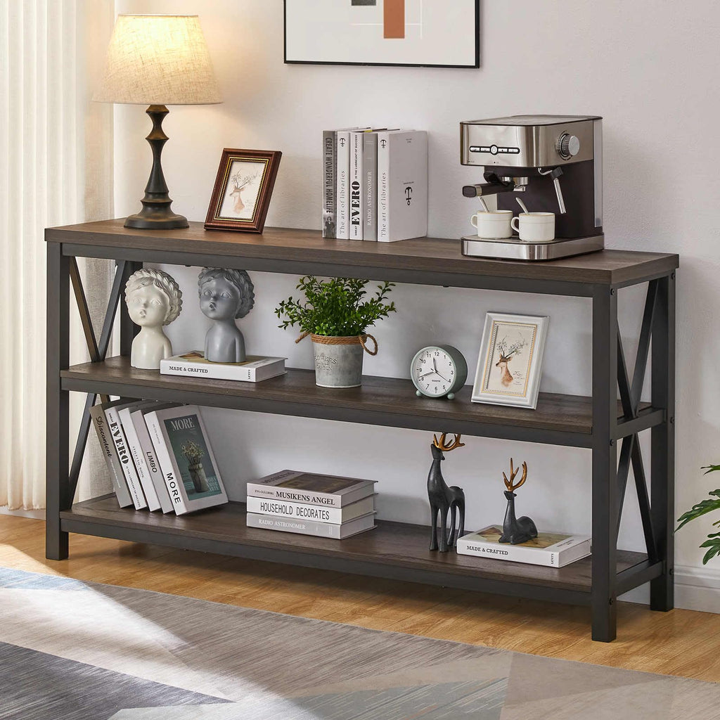 55 Inch Walnut Brown Wood and Metal Console Table with 3 Tier Shelves Y130040