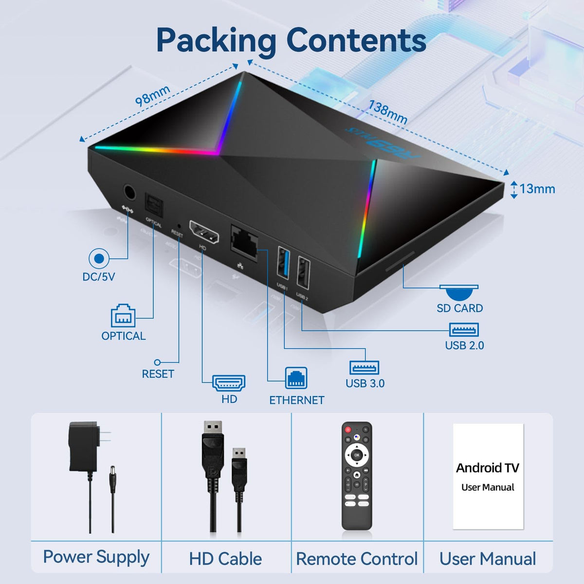 Android TV Box 4GB RAM 32GB ROM 4K 8K WIFI6 1000M Ethernet K921