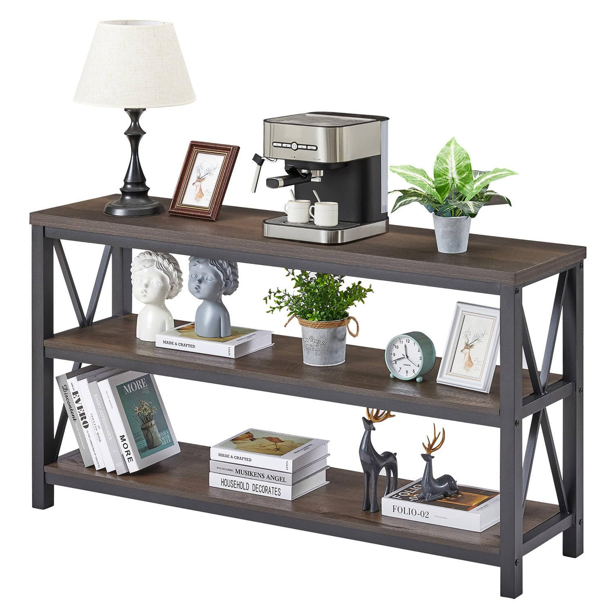 55 Inch Walnut Brown Wood and Metal Console Table with 3 Tier Shelves Y130040