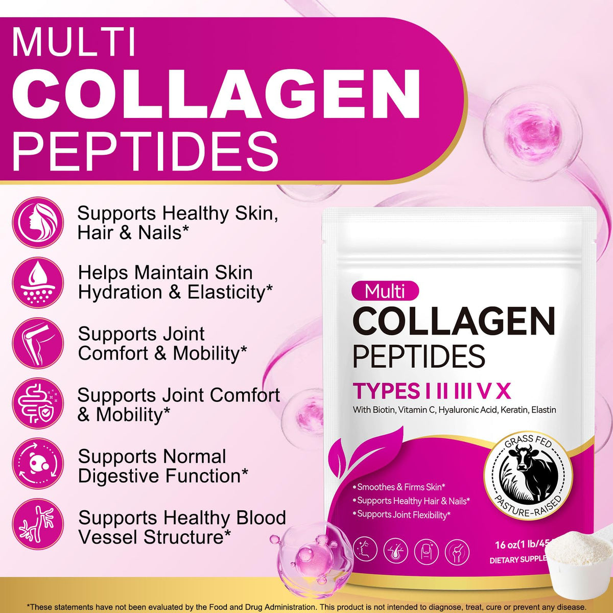 Unflavored Hydrolyzed Collagen Peptides Powder 16 OZ B501