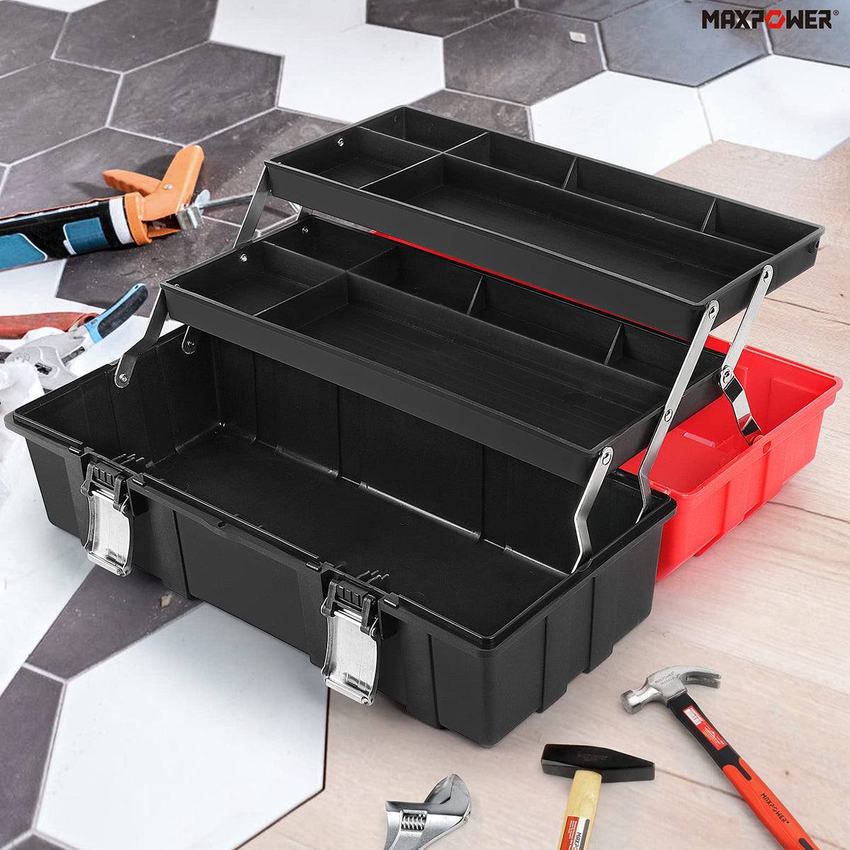 16-Inch Three-Layer Folding Plastic Tool Box with Tray and Dividers Y10774