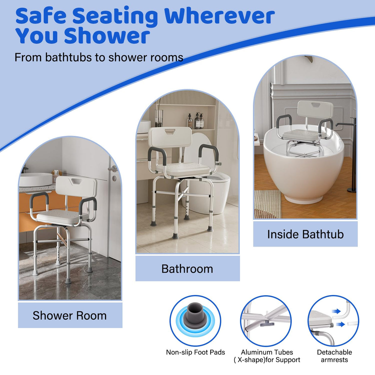 360° Swivel Shower Chair with Arms and Back, Adjustable Non-Slip Q688171