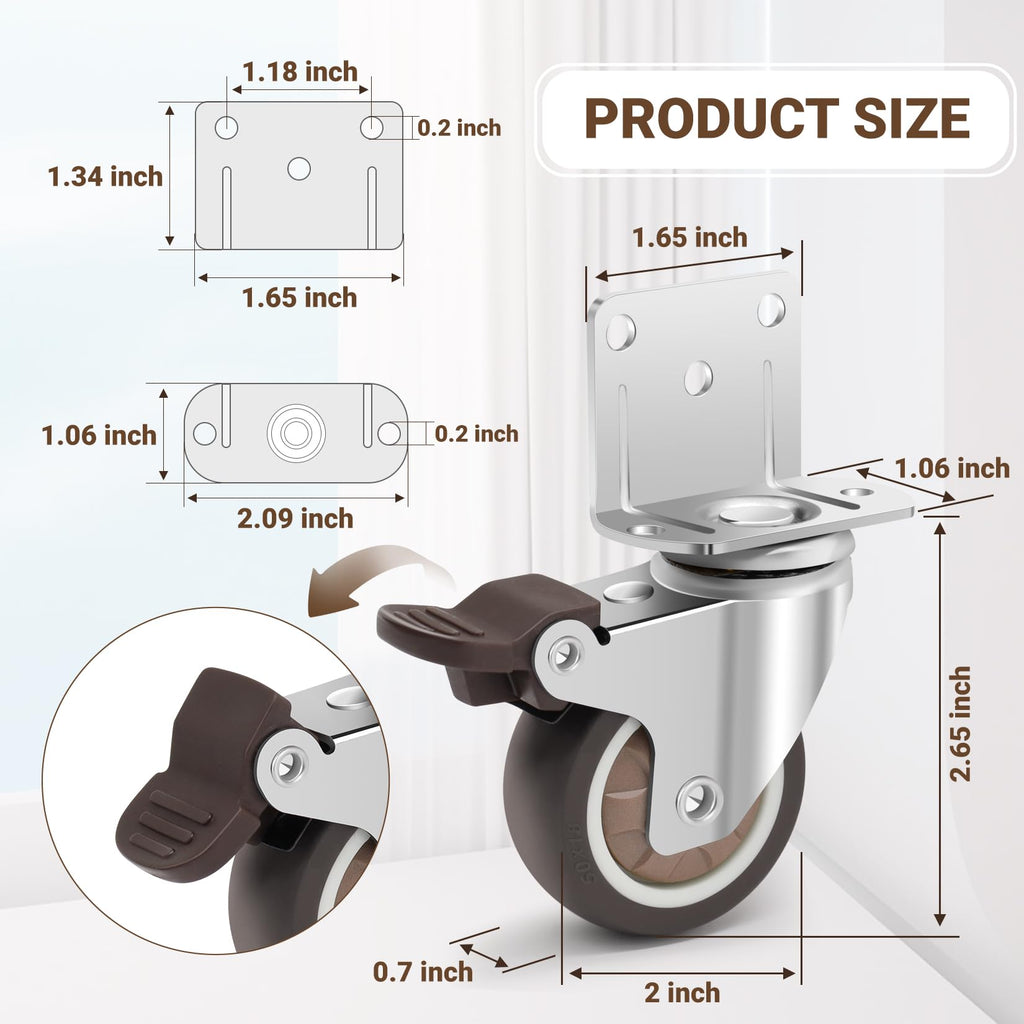 2 Inch L-Shaped Rubber Casters Set of 4 with Brakes Q39394