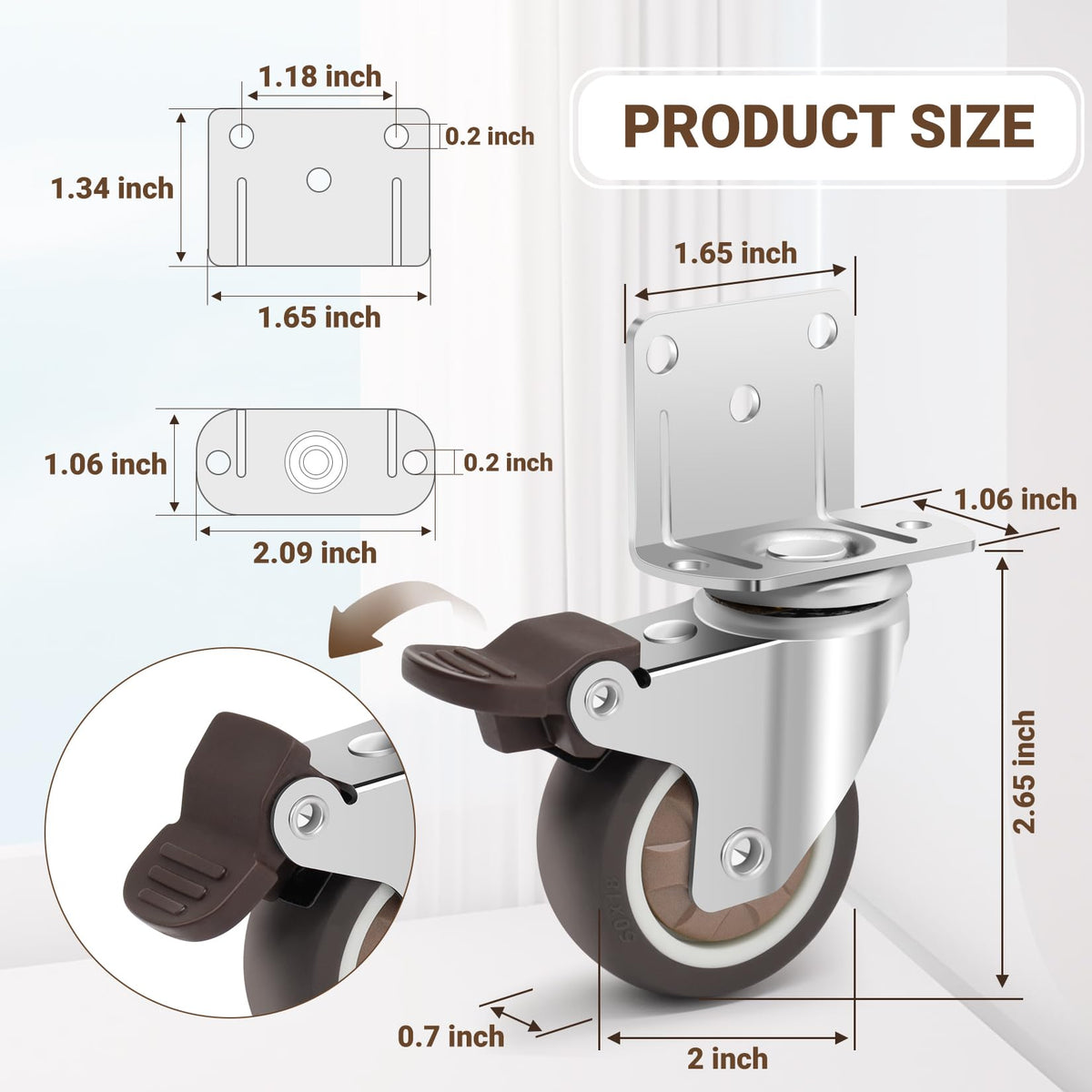 2 Inch L-Shaped Rubber Casters Set of 4 with Brakes Q39394