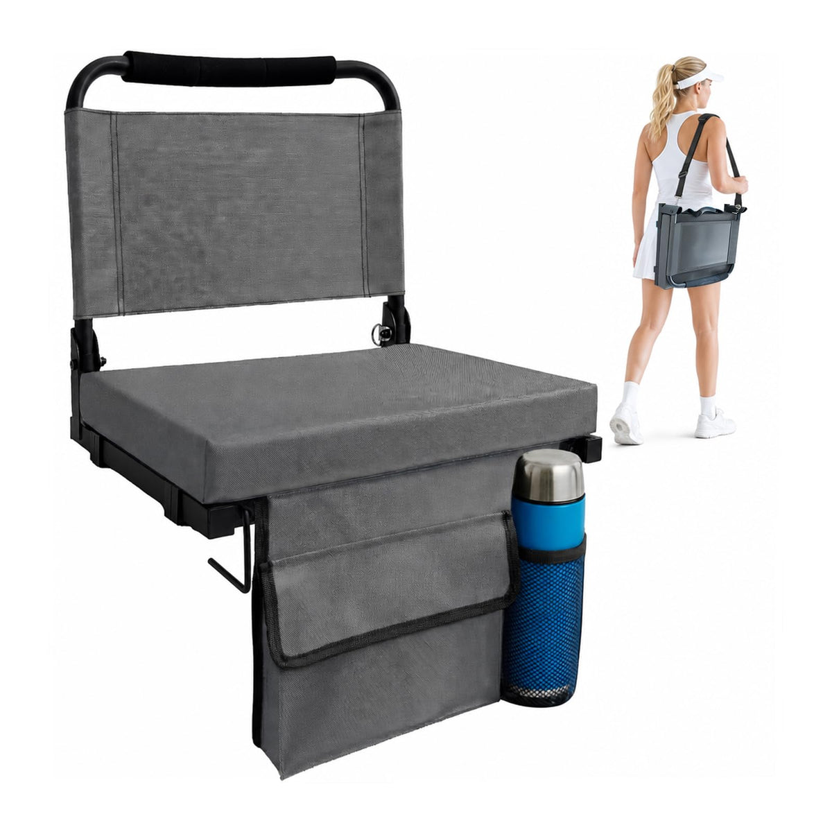 Folding Bleacher Seat with Back Support, Cushion and Shoulder Strap K265901