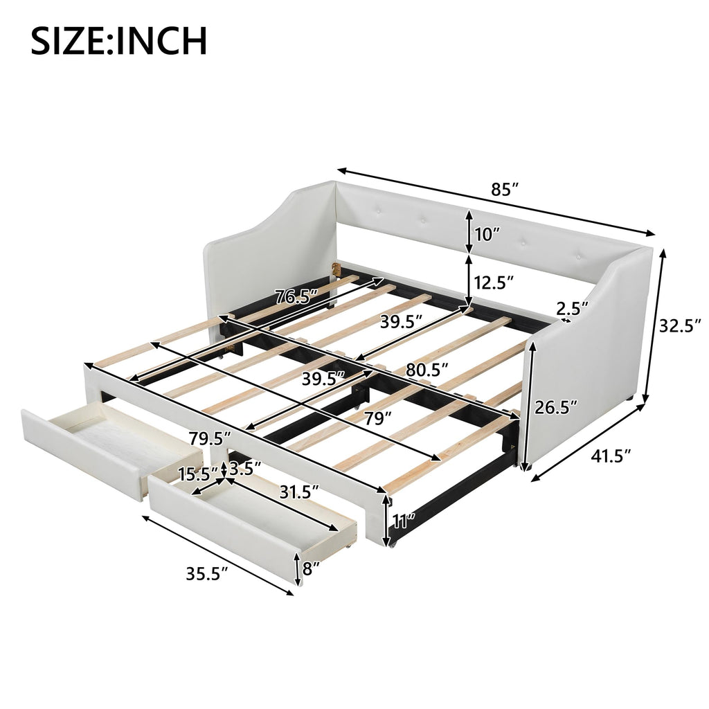 Beige Upholstered Daybed with Trundle and Storage Drawers I6447
