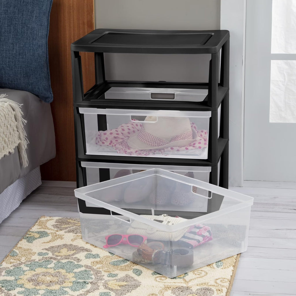 Black 3 Drawer Plastic Storage Organizer Tower with Clear Bins F489