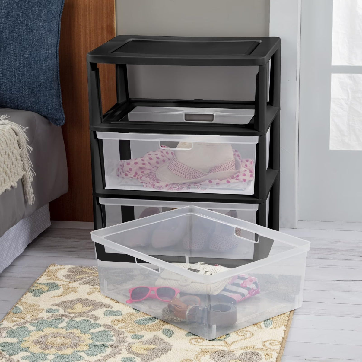 Black 3 Drawer Plastic Storage Organizer Tower with Clear Bins F489