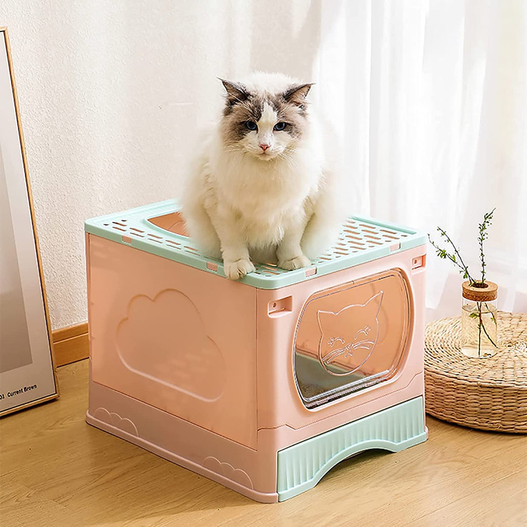 Foldable Top Entry Cat Litter Box with Lid and Scoop D488428