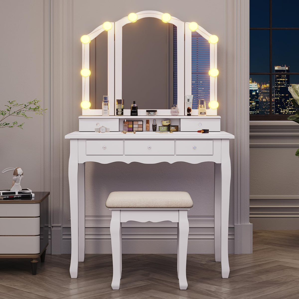 White Vanity Table Set with Lighted Mirror and Stool A958473