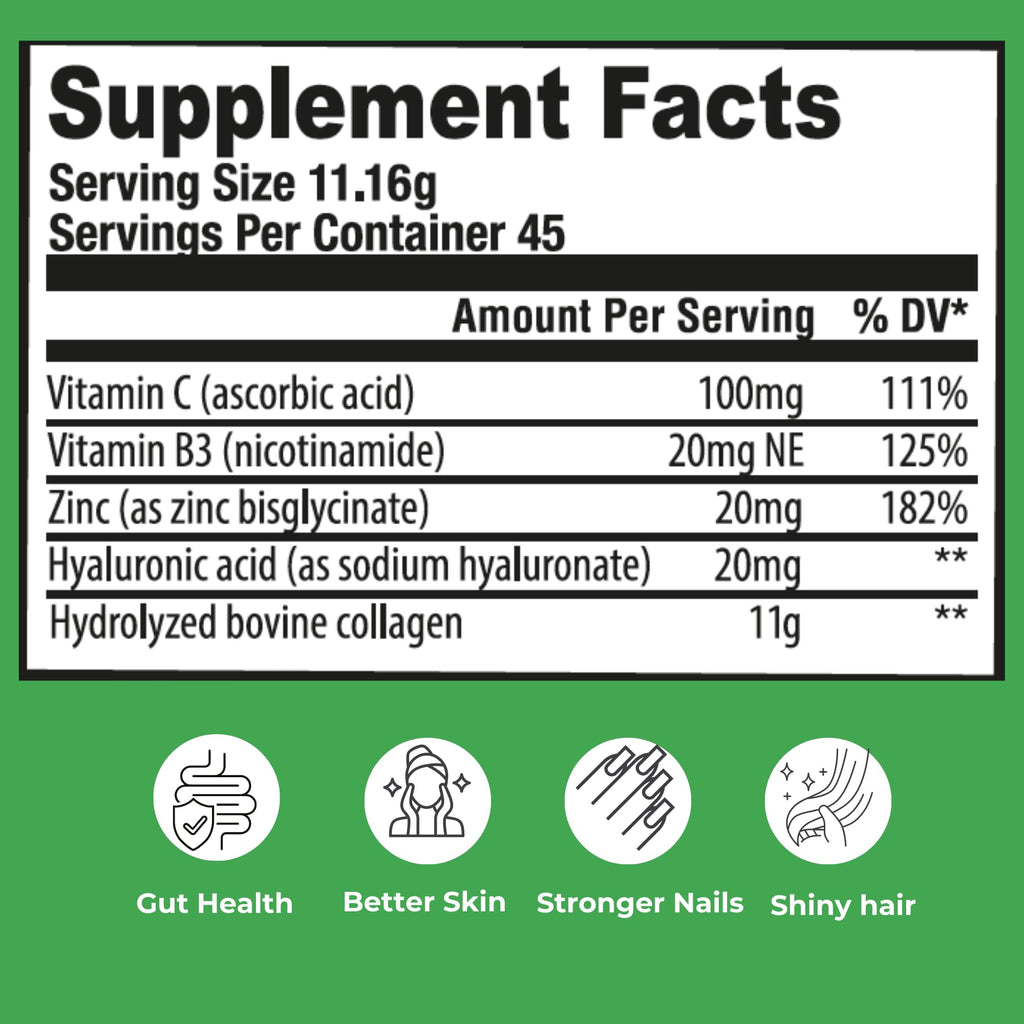 Hydrolyzed Bovine Collagen Peptides Powder with Vitamin C, Hyaluronic Acid, Zinc & B3 H524358