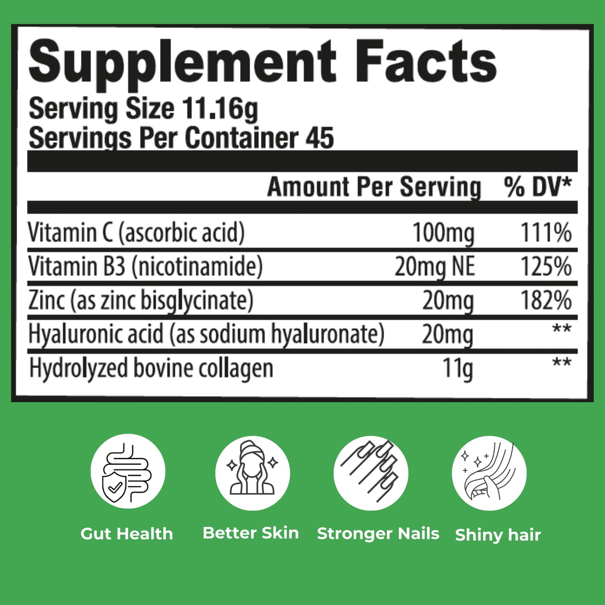 Hydrolyzed Bovine Collagen Peptides Powder with Vitamin C, Hyaluronic Acid, Zinc & B3 H524358