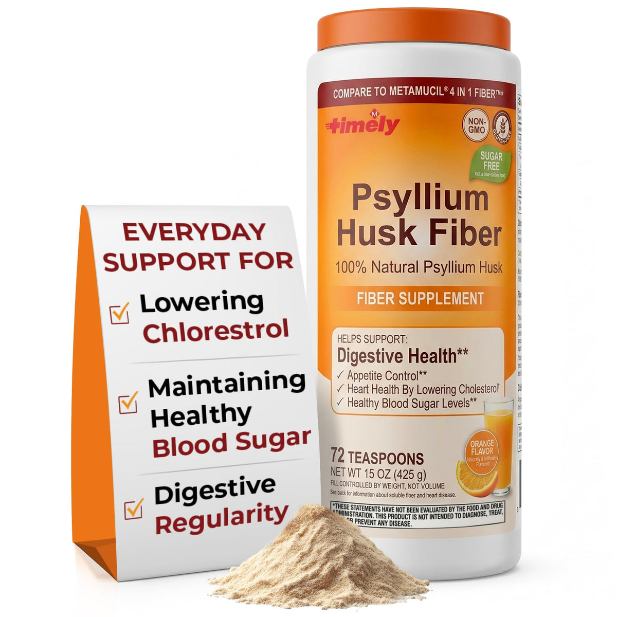 Psyllium Husk Powder Fiber Supplement, Orange Flavor, 15 oz W2265