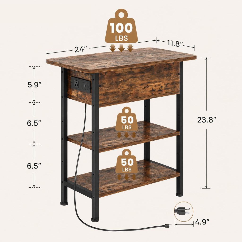 Brown Flip Top End Table with Charging Station and 3 Tier Storage U819230