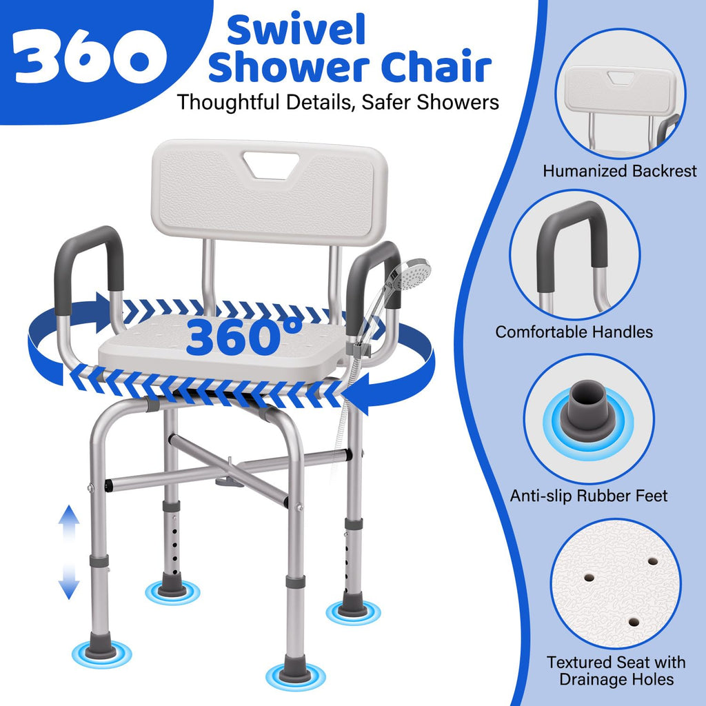360° Swivel Shower Chair with Arms and Back, Adjustable Non-Slip Q688171