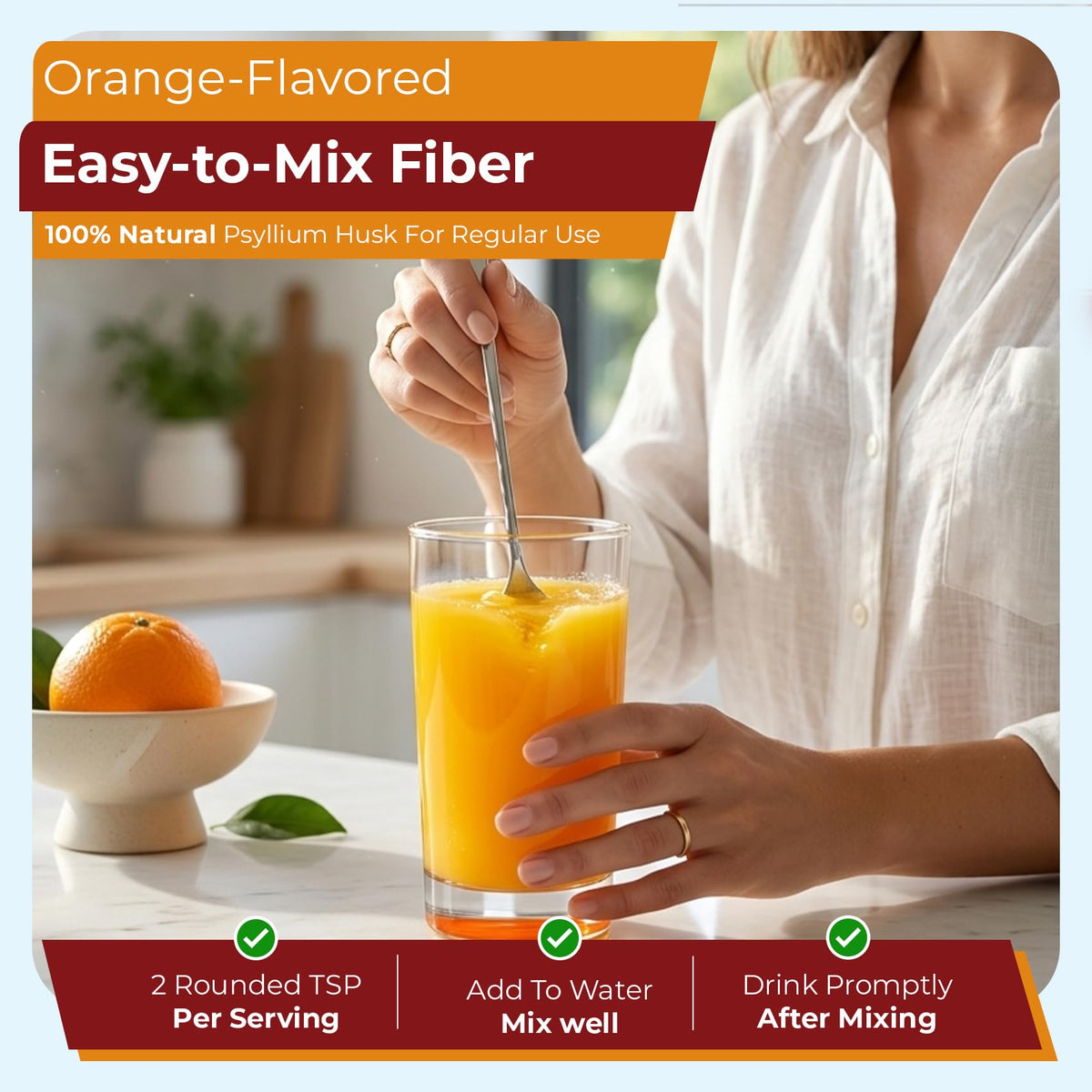 Psyllium Husk Powder Fiber Supplement, Orange Flavor, 15 oz W2265