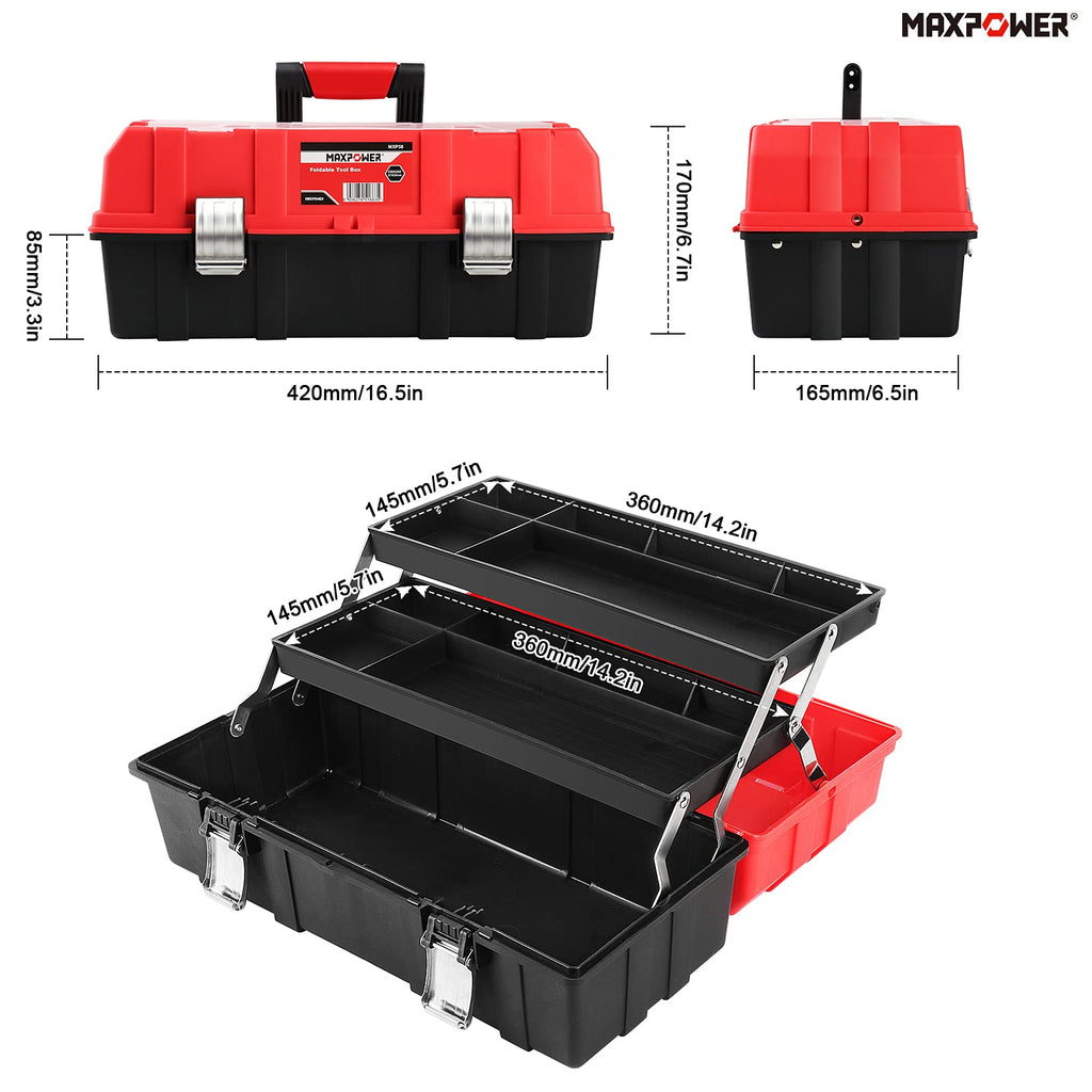 16-Inch Three-Layer Folding Plastic Tool Box with Tray and Dividers Y10774